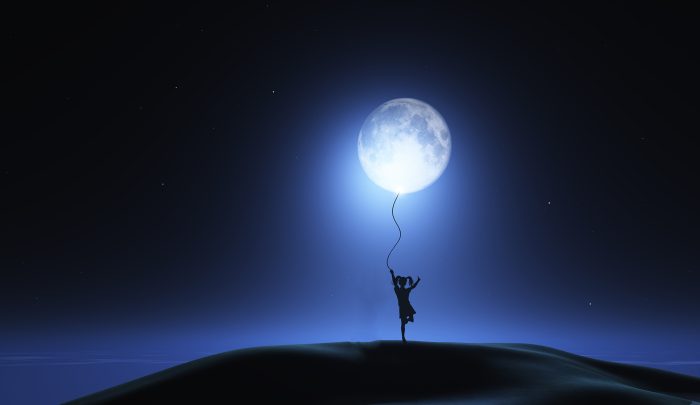 3D render of a surreal image with girl holding moon as a balloon